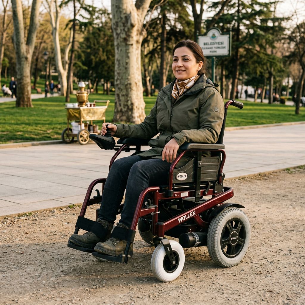 Park yolunda arazi tipi akülü sandalye kullanan yetişkin kullanıcı