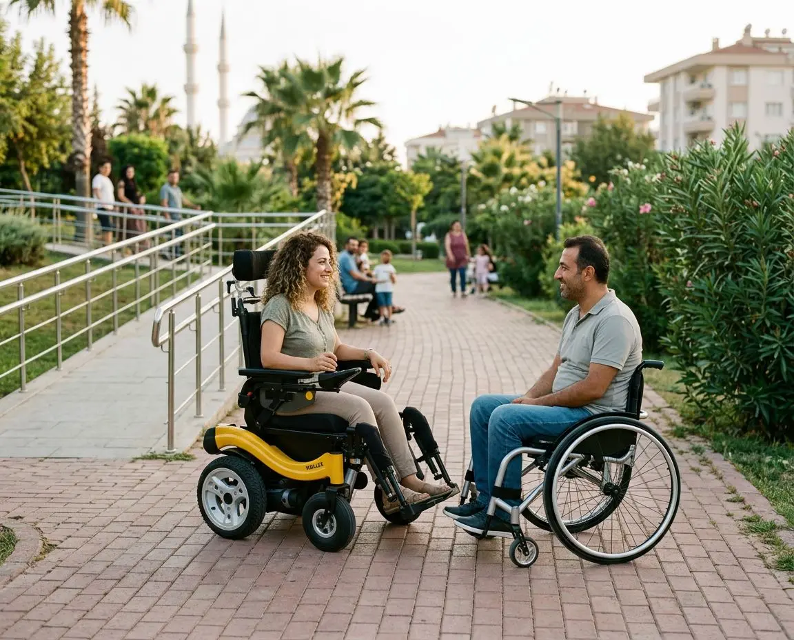 Parkta akülü sandalye ve manuel tekerlekli sandalye kullanan iki kişinin karşılaştırmalı gerçek yaşam sahnesi