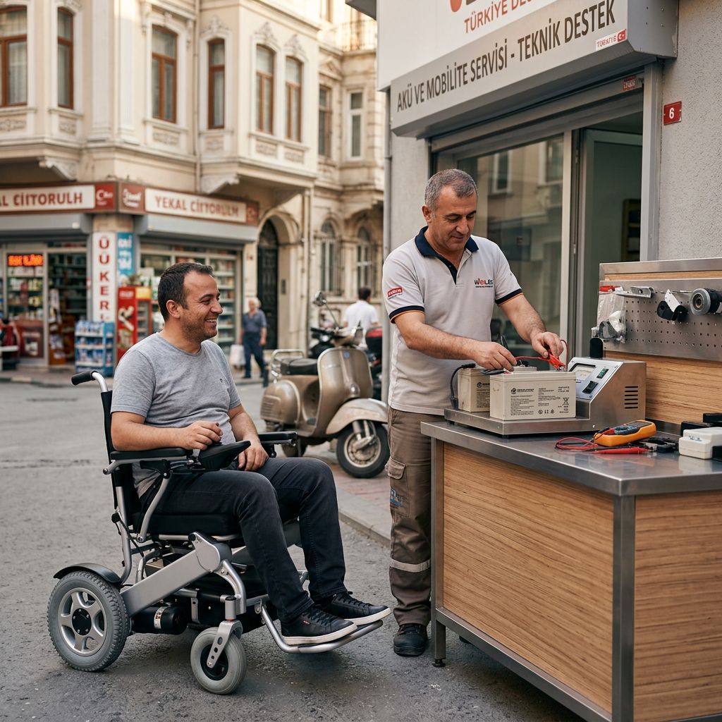 Akülü tekerlekli sandalye için jel akü değişimi kontrolü yapan servis teknisyeni