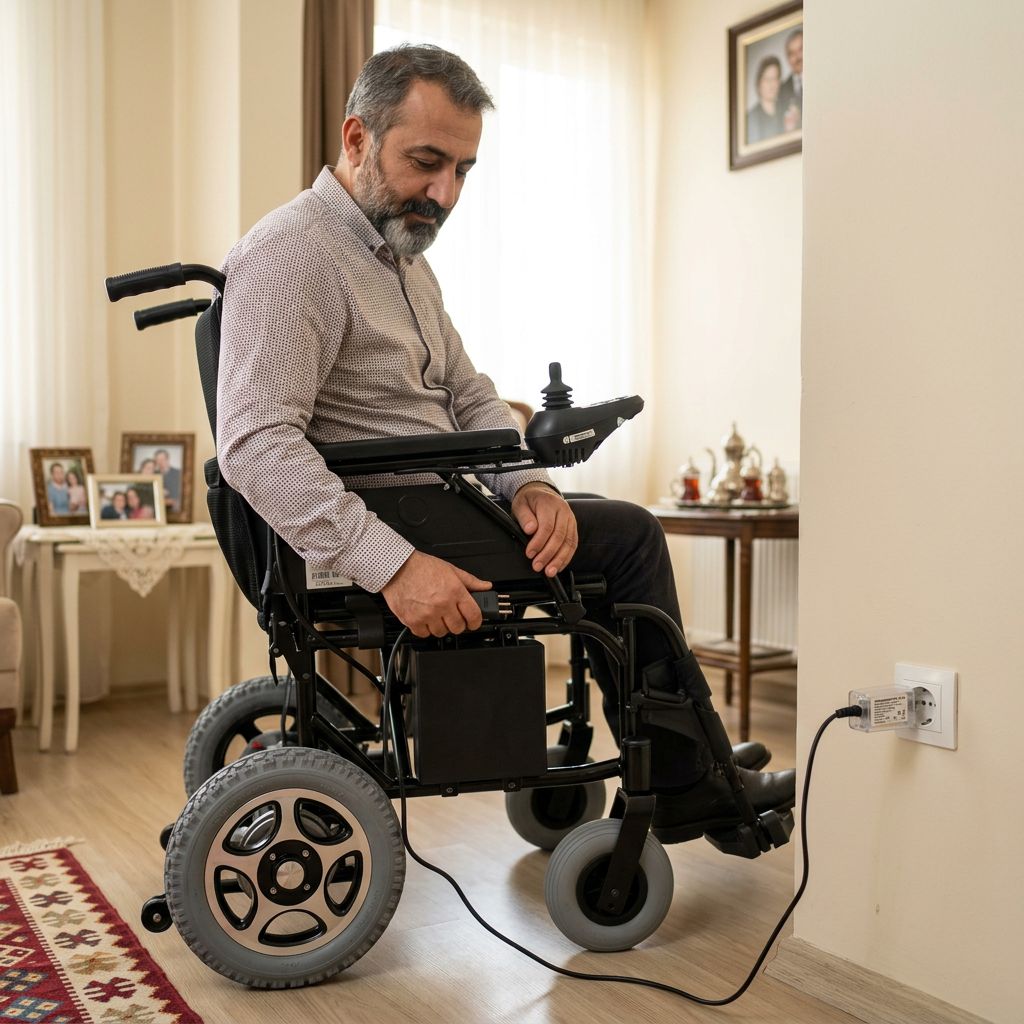 Evde akülü sandalyesini uygun şarj cihazıyla güvenli şekilde şarj eden kullanıcı