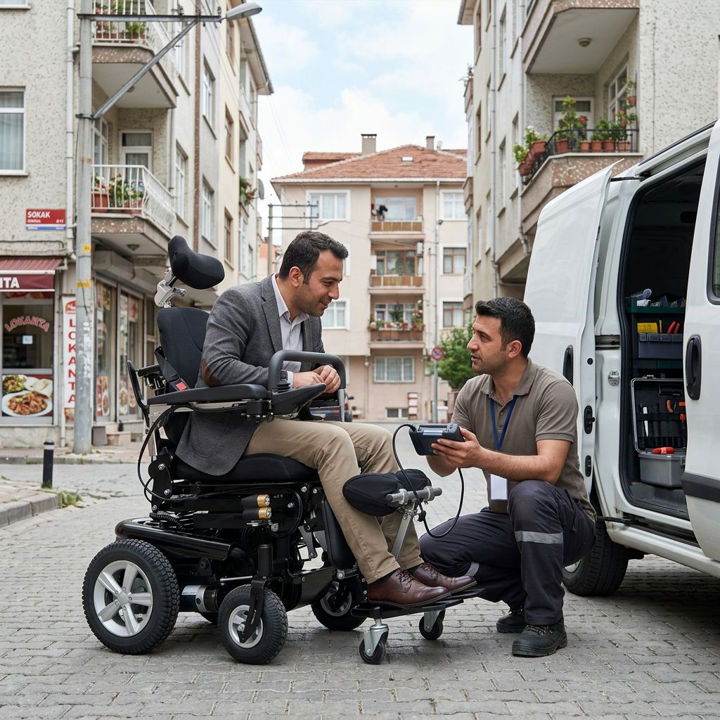 Akülü sandalye motor arızası kontrolü yapan teknisyen ve kullanıcı