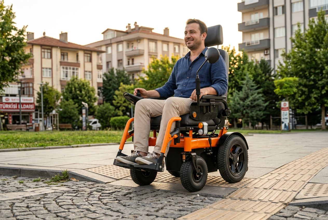 Parke taşlı yolda süspansiyonlu akülü sandalye kullanan kişi