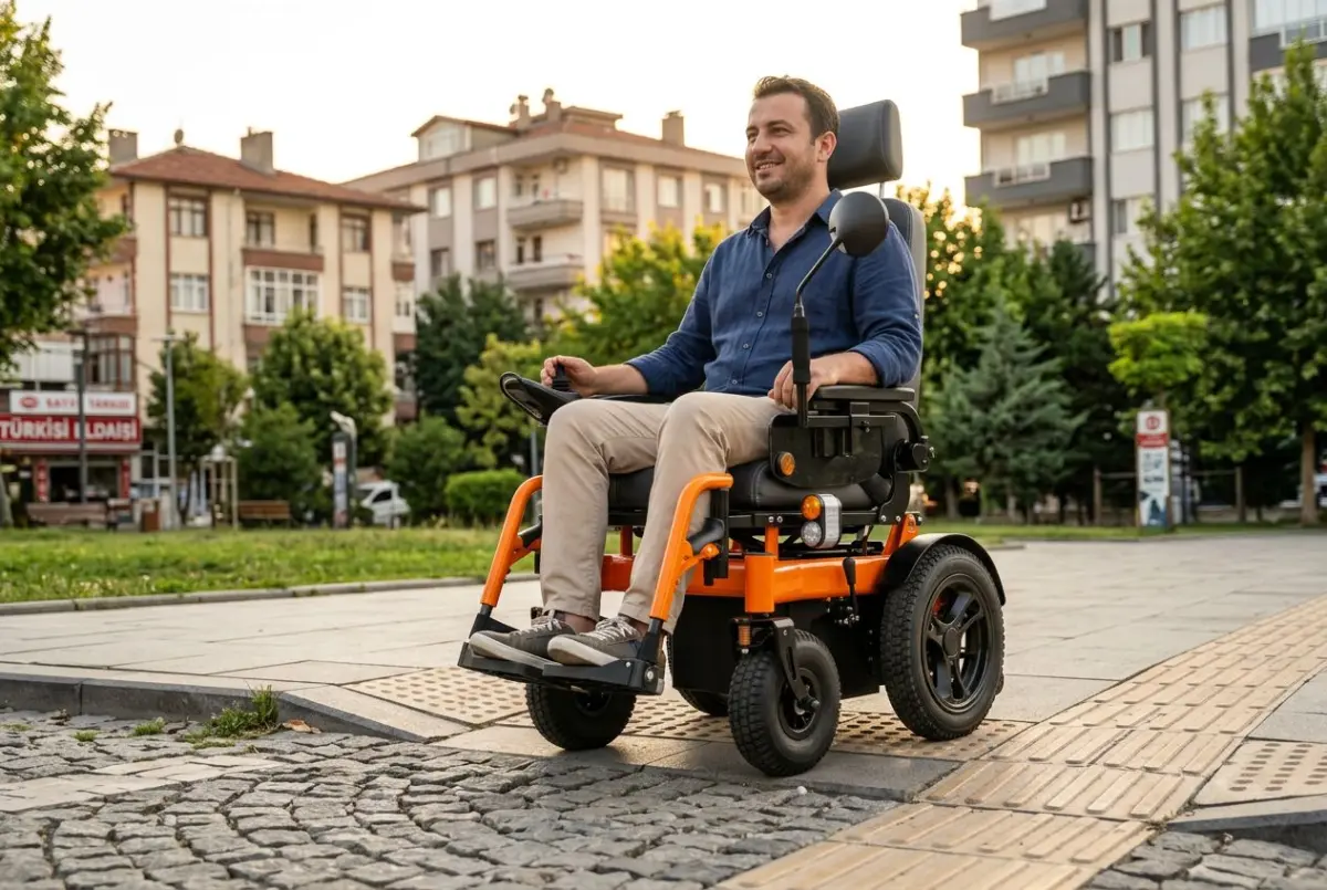 Parke taşlı yolda süspansiyonlu akülü sandalye kullanan kişi