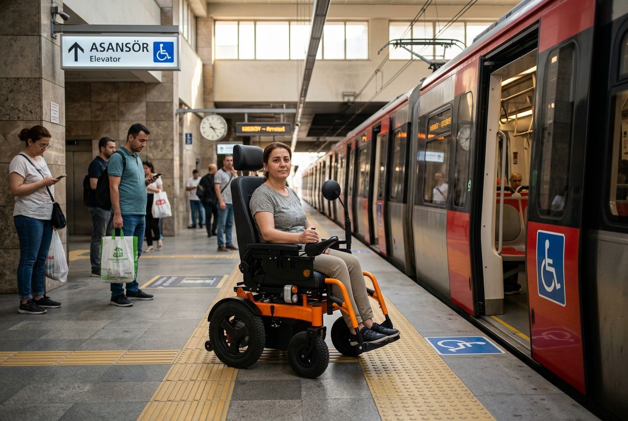Metro peronunda akülü sandalye ile toplu taşıma kullanmaya hazırlanan kullanıcı