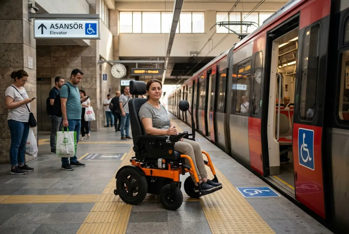 Metro peronunda akülü sandalye ile toplu taşıma kullanmaya hazırlanan kullanıcı