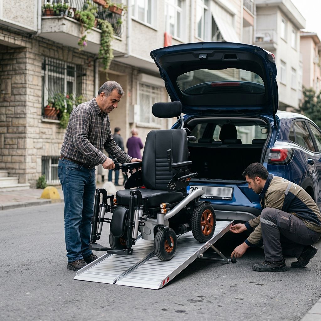 Portatif rampa ile akülü sandalyenin aracın bagajına güvenli şekilde yüklenmesi