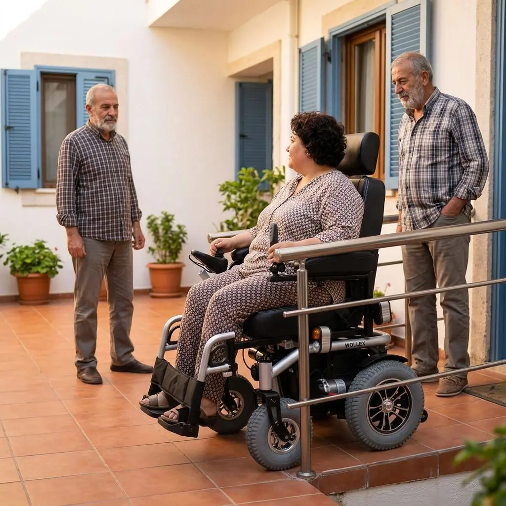 Güçlendirilmiş şaseli geniş oturumlu akülü sandalye kullanan yetişkin