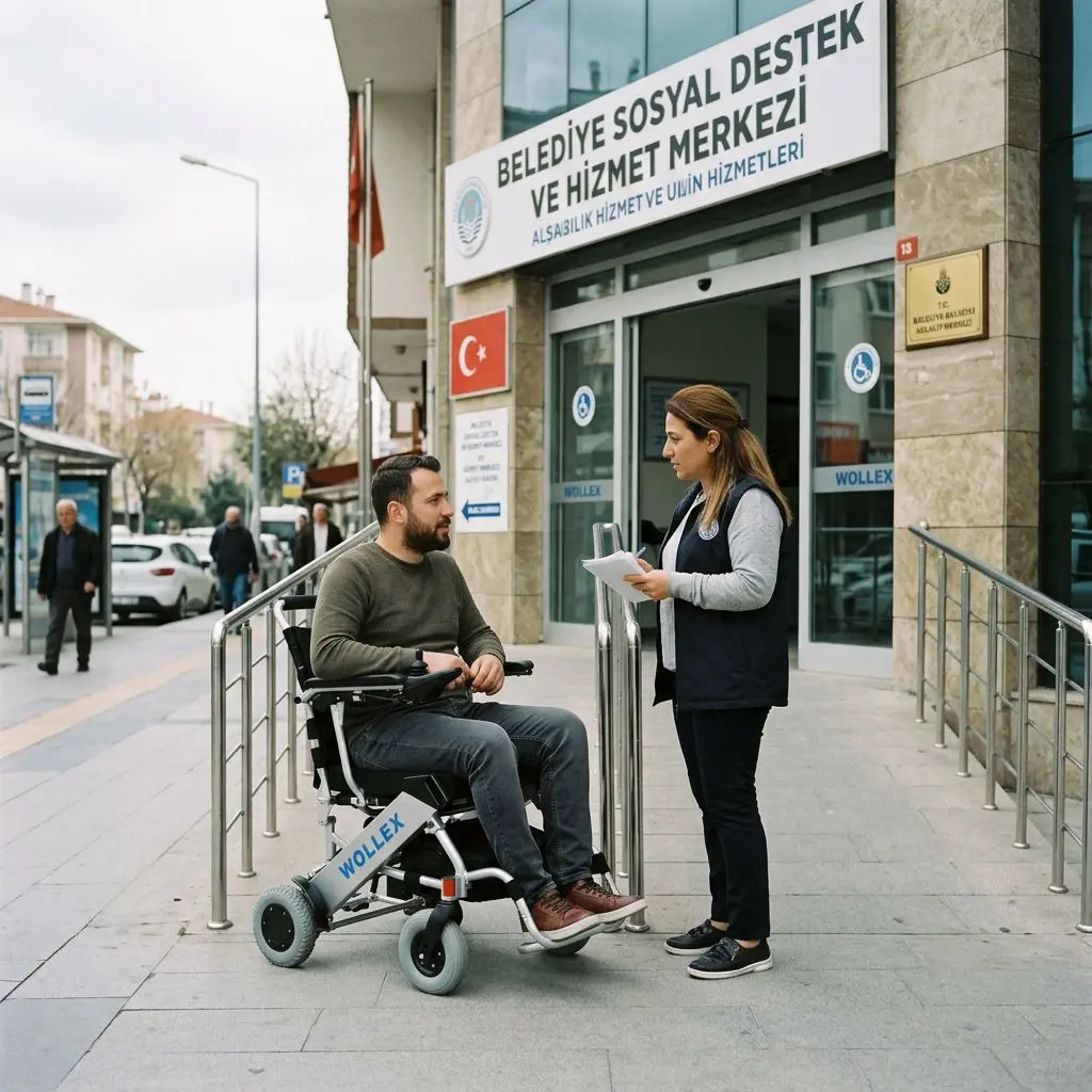 Belediye sosyal destek biriminde akülü sandalye yardımı başvurusu yapan kişi