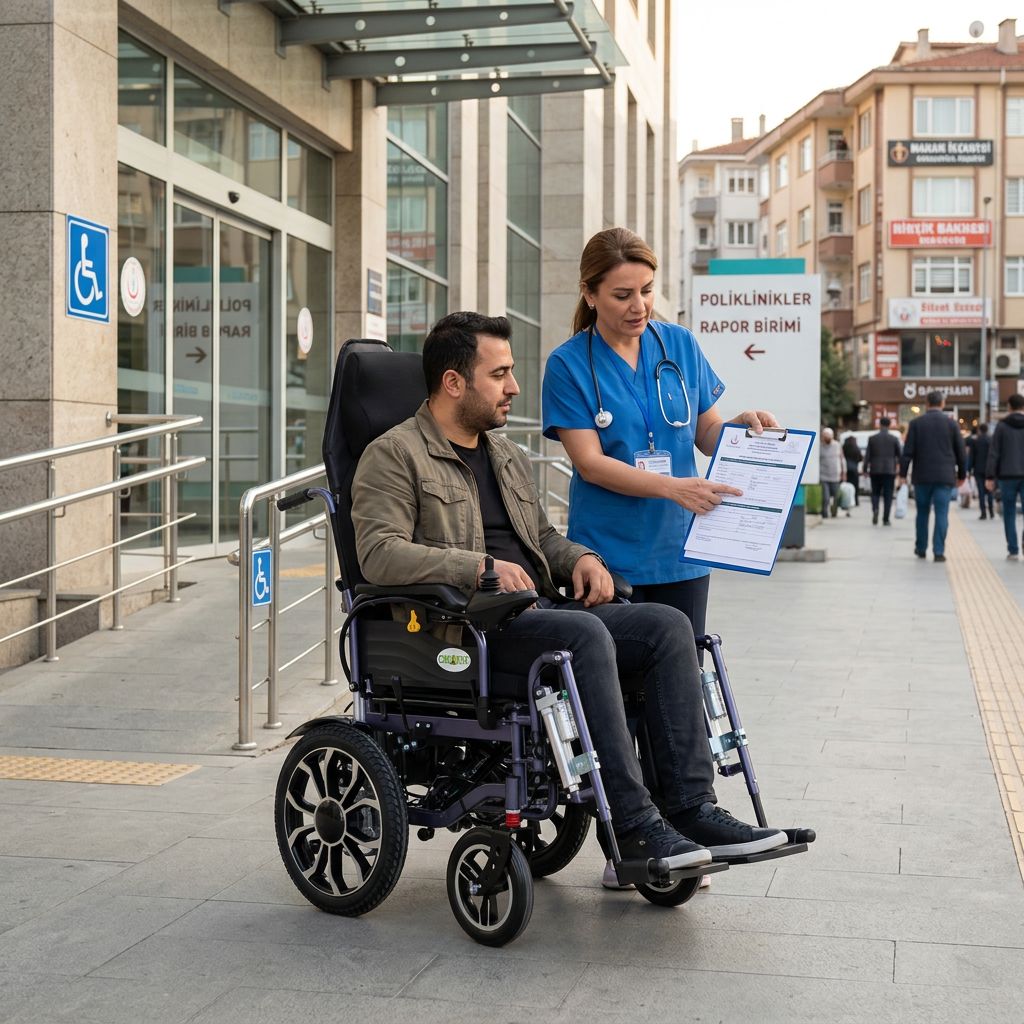 Akülü sandalye raporu için hastane girişinde belge kontrolü yapan kullanıcı