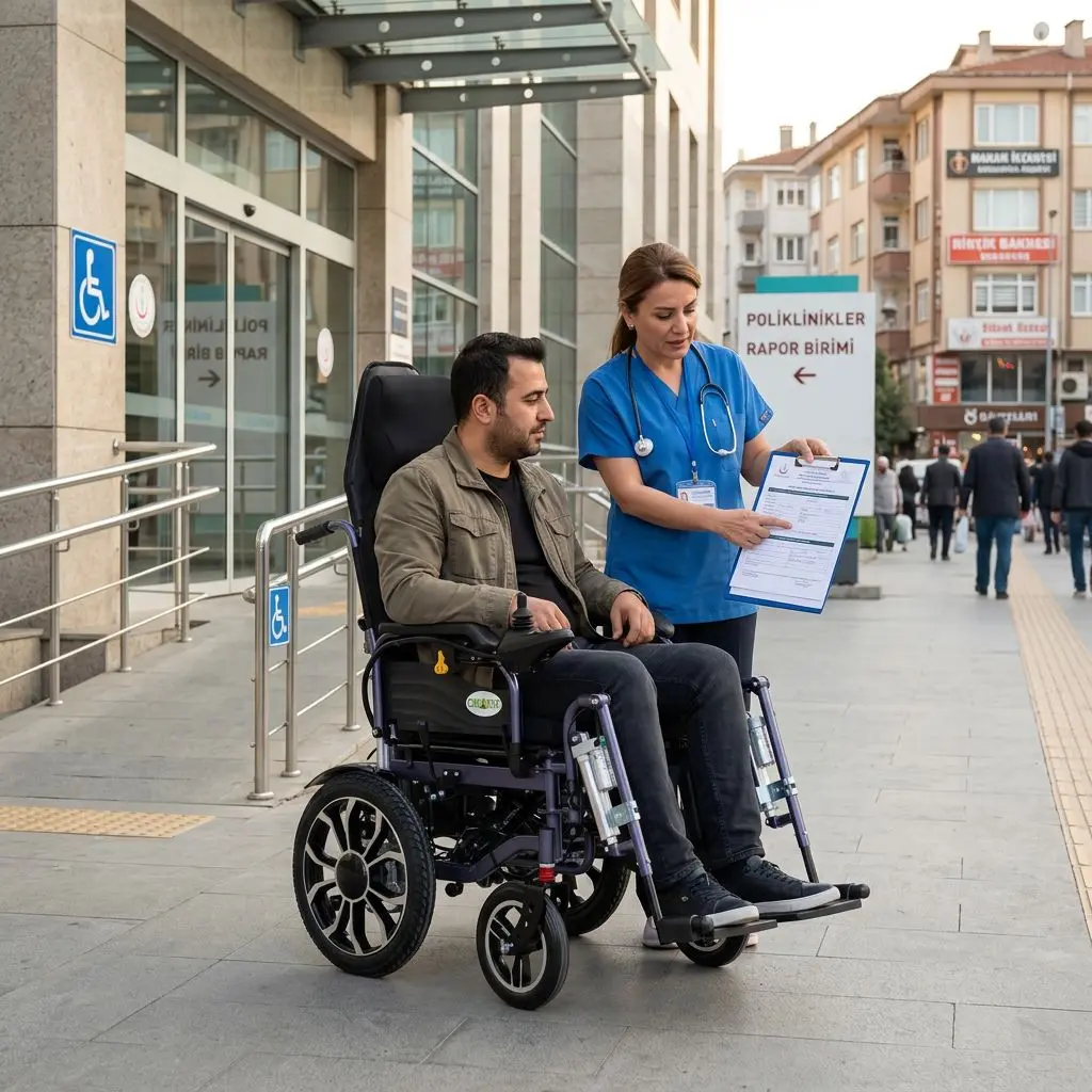 Akülü sandalye raporu için hastane girişinde belge kontrolü yapan kullanıcı