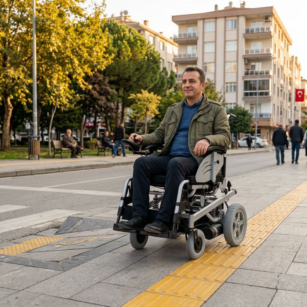 Türkiye’de kaldırımda güvenli şekilde akülü sandalye kullanan kişi