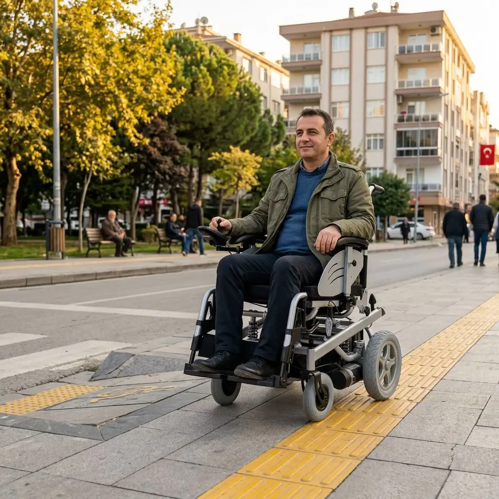 Türkiye’de kaldırımda güvenli şekilde akülü sandalye kullanan kişi