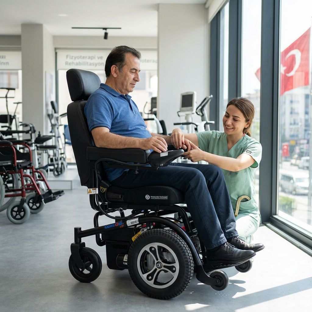 Akülü sandalyede oturma pozisyonu ayarı yapan uzman ve kullanıcı