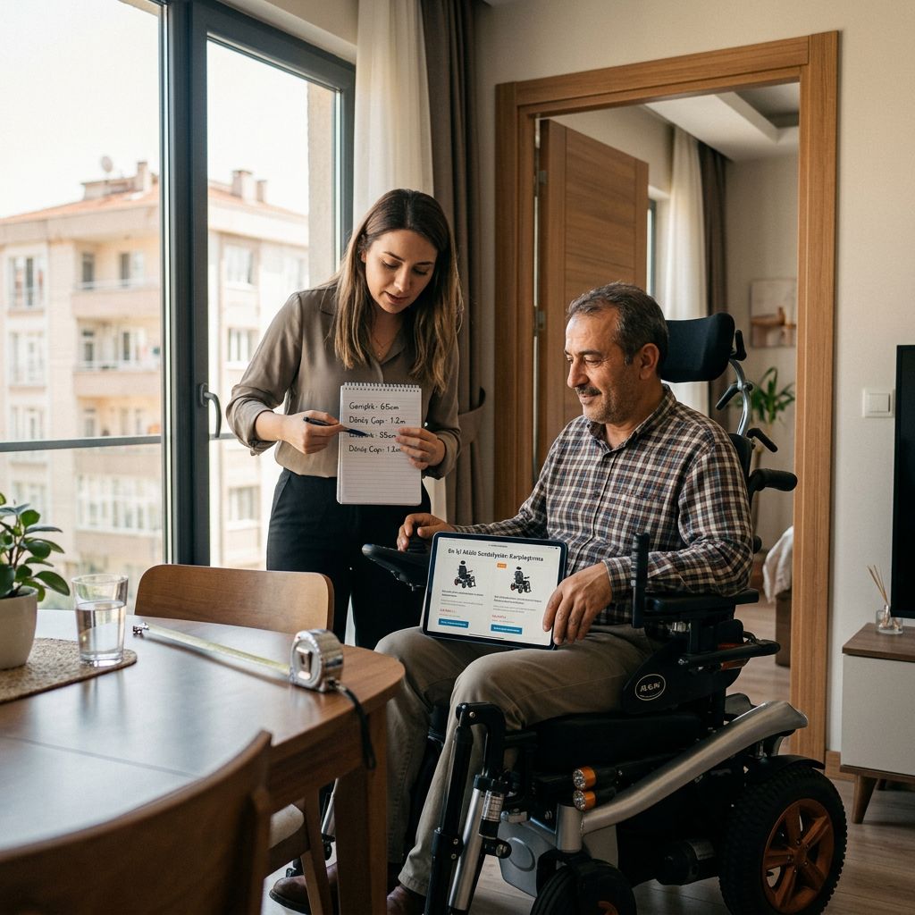 Akülü sandalye kullanıcı yorumlarını tablet üzerinden inceleyen kullanıcı