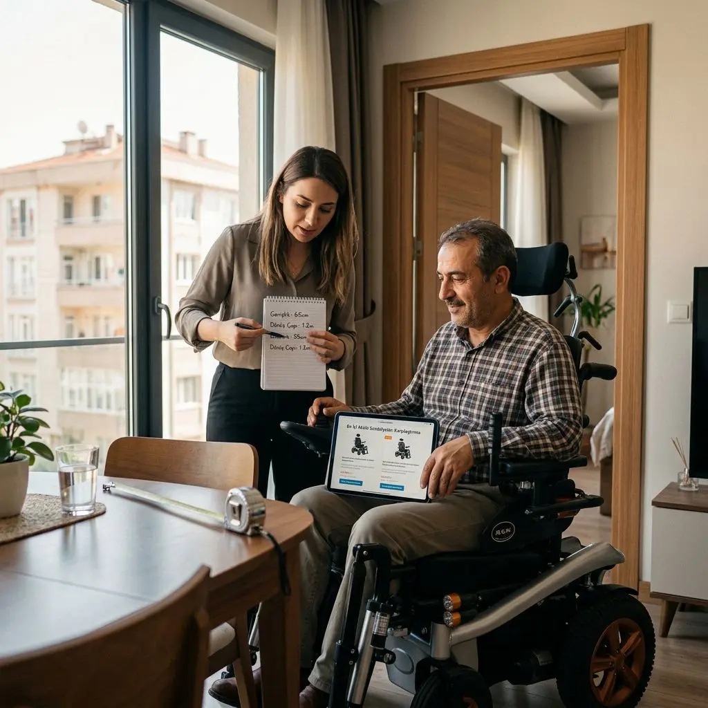 Akülü sandalye kullanıcı yorumlarını tablet üzerinden inceleyen kullanıcı