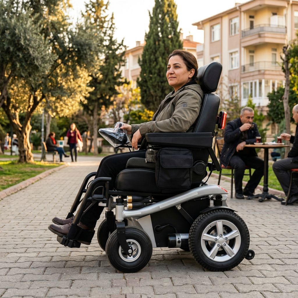 Parkta aksesuarlarla donatılmış akülü sandalye kullanan kişi