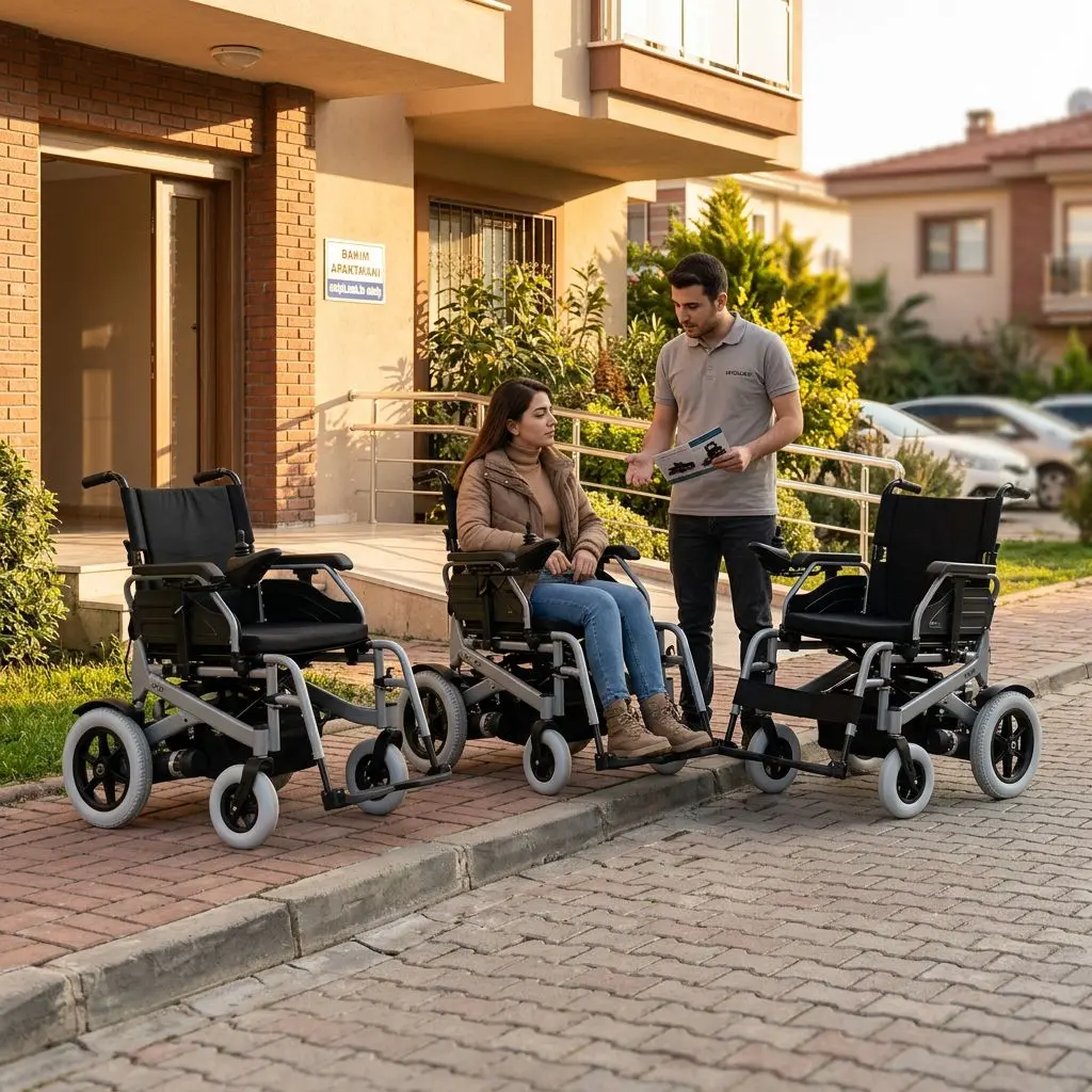 Önden, arkadan ve ortadan çekişli akülü sandalyelerin karşılaştırıldığı gerçekçi kullanım sahnesi
